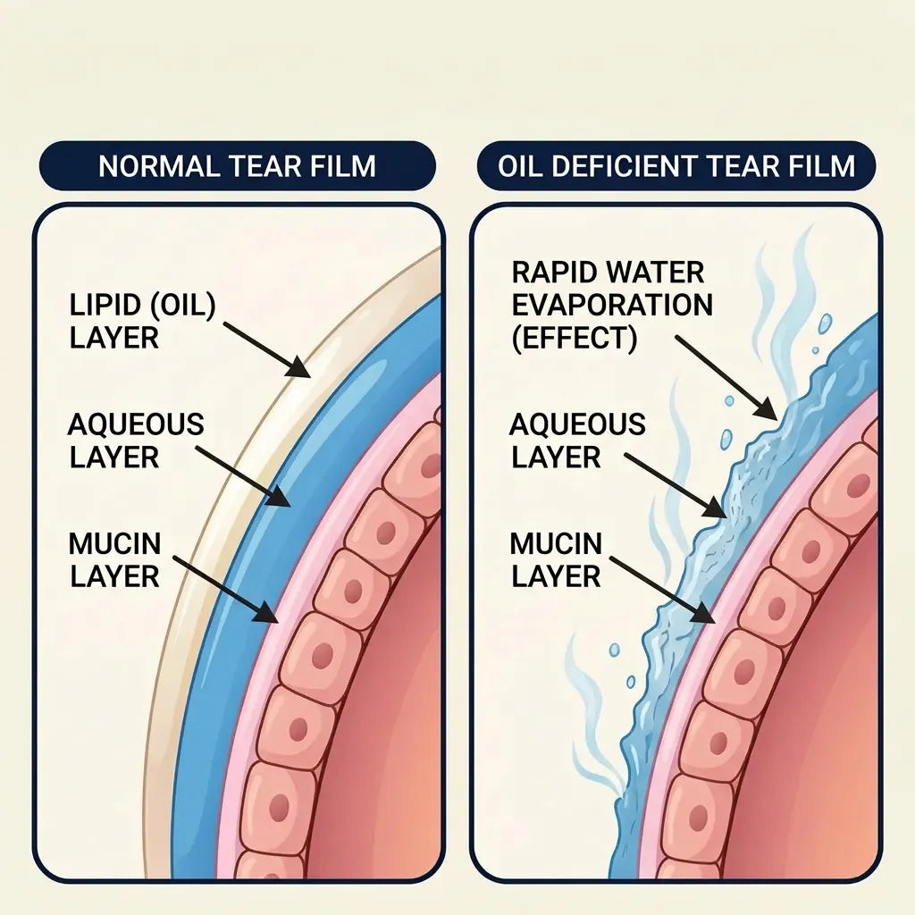 tear film diagram split in half, left is with oil - right is with missing oil layer