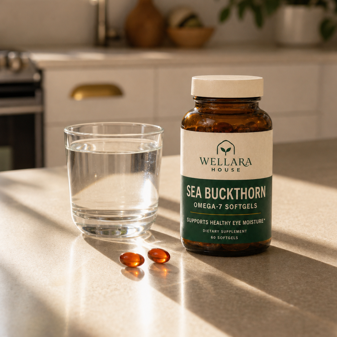 Wellara House Sea Buckthorn Omega-7 softgels beside a glass of water in morning light
