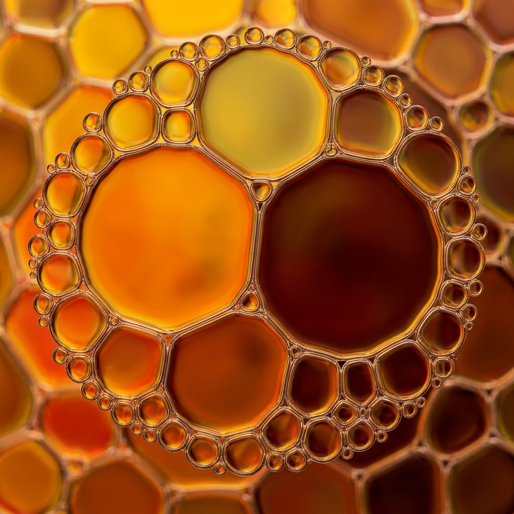 Golden and amber oil droplets representing naturally occurring Omega-7