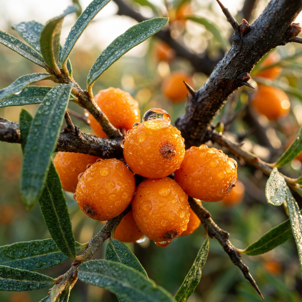 Ripe orange sea buckthorn berries growing on a branch