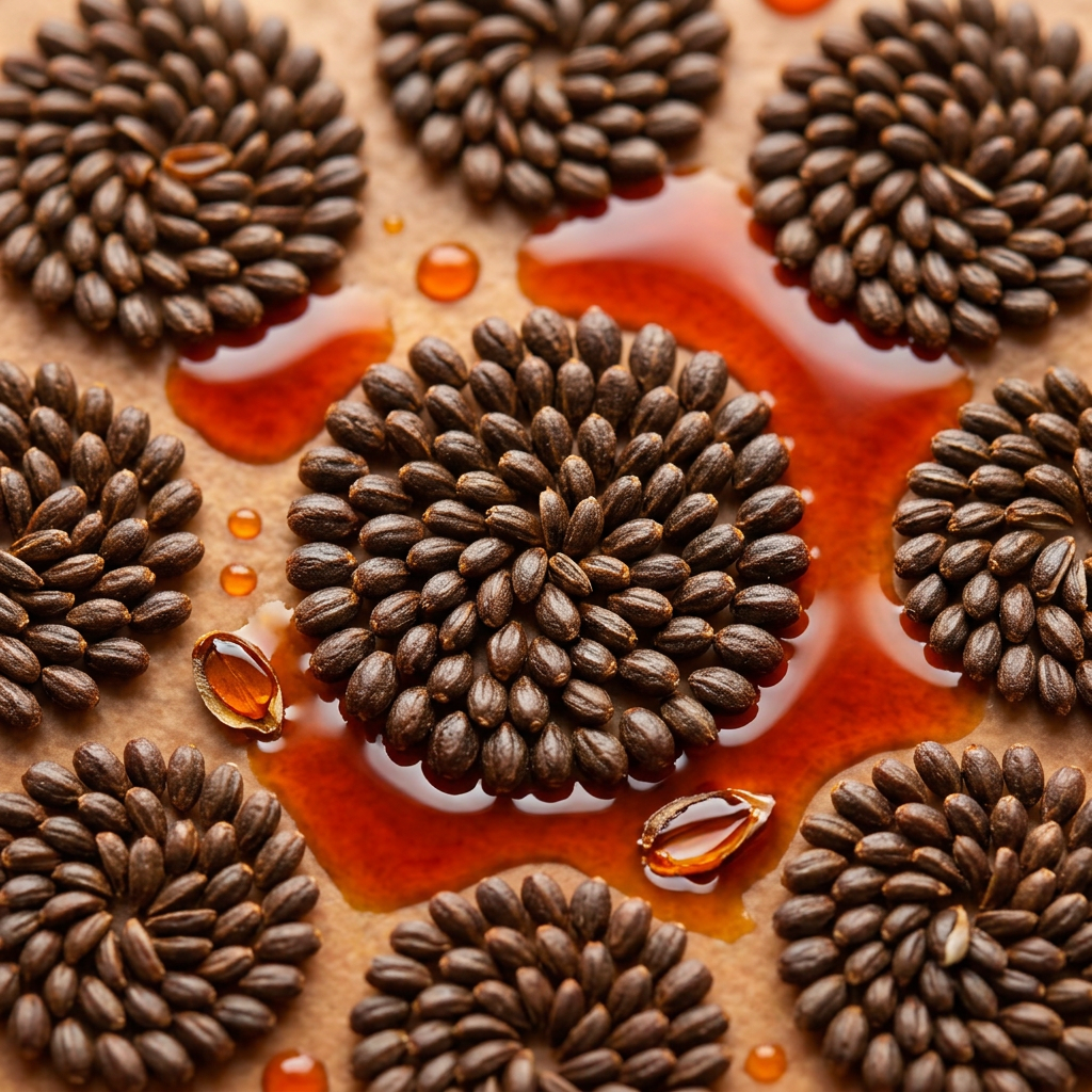 Sea buckthorn seeds surrounded by rich amber-colored oil